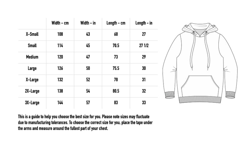 Size chart for Silhouette Hoodie - Black